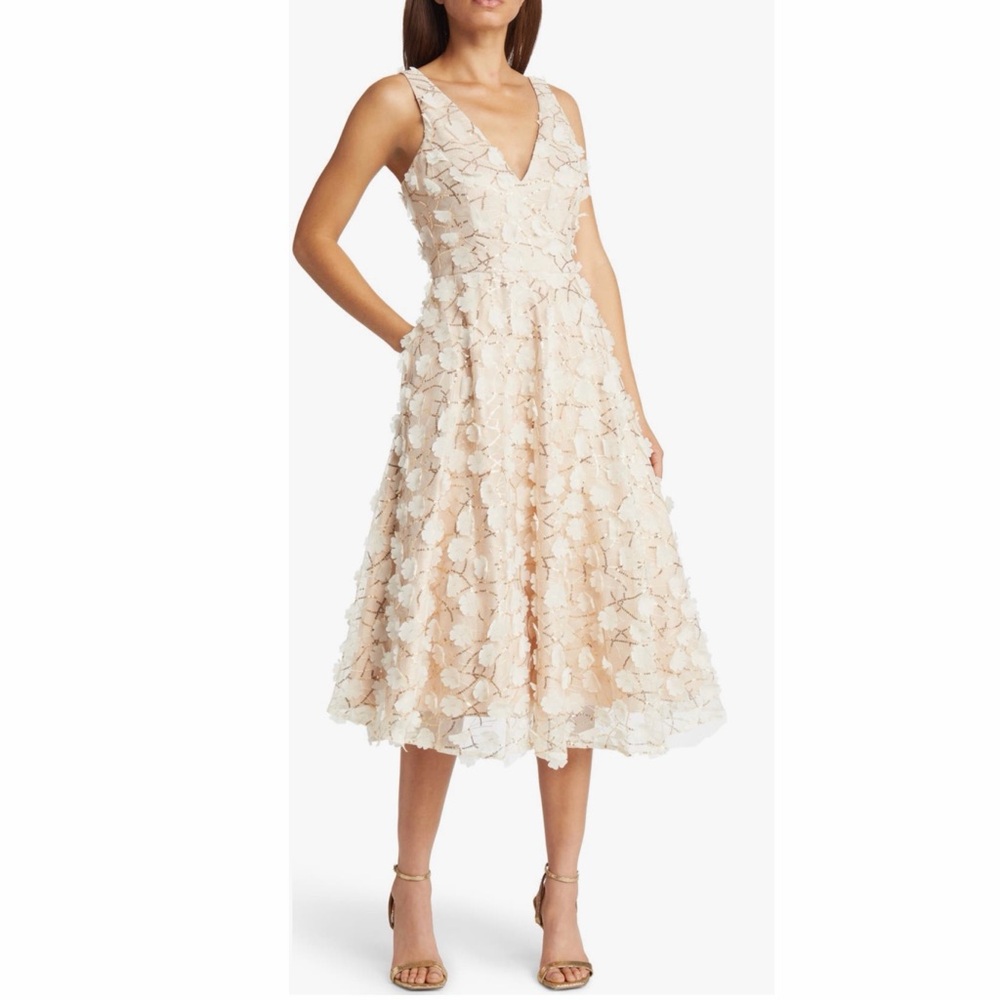 Eliza J Blush V-Neck 3D Sparkly Floral Applique Midi Fit & Flare Dress